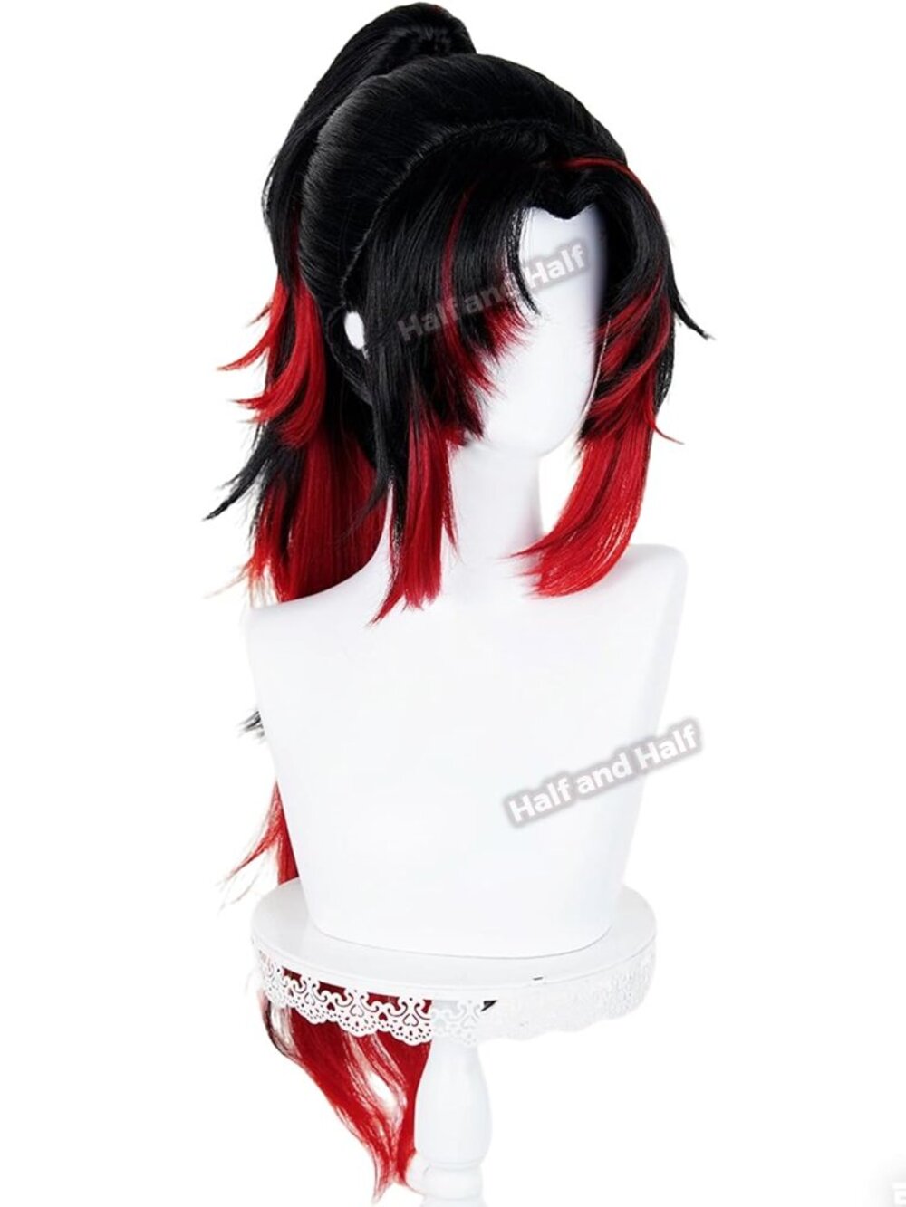 Women's Red Black 39 Inch Cosplay Platinum Blonde Wigs With Side Part Bangs
